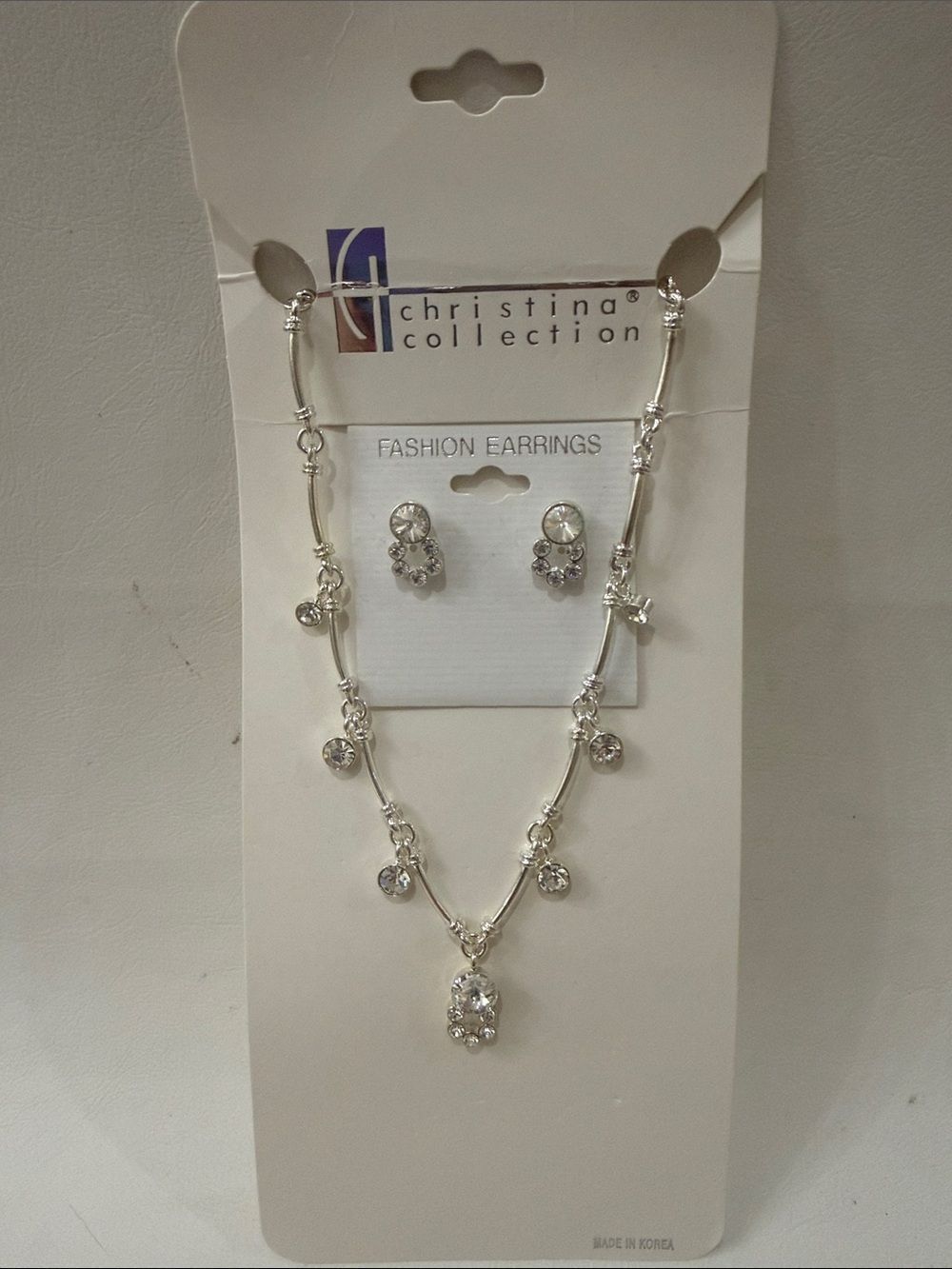 Christina Necklace Floral Rhinestone Earrings  Silver Adjustable